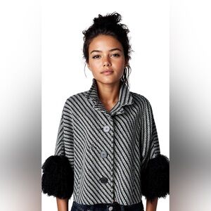 Black & White Wool Tweed Coat w Fur Cuffs